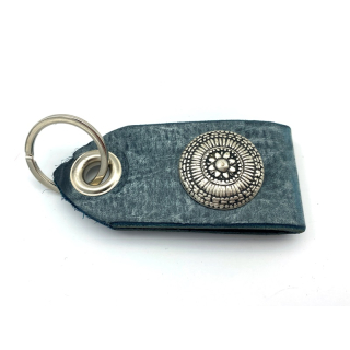 Schlüsselanhänger Leder 9 x 4 cm Blau Vintage / Blumen Rosette