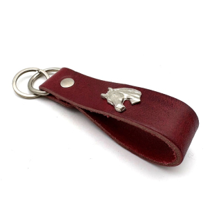 Schlüsselanhänger Handmade aus Leder dunkelrot, mit Zierteil Pferdekopf