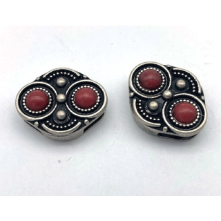 Schlaufzierteil "Rote Perle" 14 mm altsilber poliert mit Stein rot