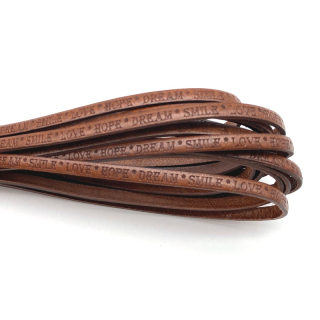 Lederband flach mit Prägung # love · hope · smile · dream # 5 mm, cognac