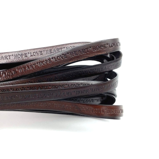 Rindlederband flach mit Prägung # love · heart · hope #  10 mm, kastanienbraun