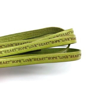 Rindlederband flach mit Prägung # love · heart · hope # 10 mm, moosgrün