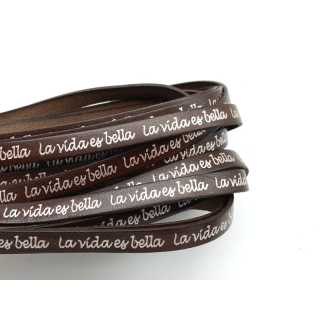 Rindlederband flach mit Prägung # la vida is bella # 10 mm, rotbraun mit Schrift in silber