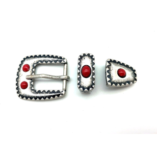 Dreiteiliges Schnallenset 20 mm, altsilber poliert mit Stein rot