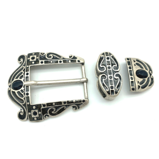 Dreiteiliges Schnallenset 40 mm, altsilber poliert mit Strass schwarz und Einlage Glitzer